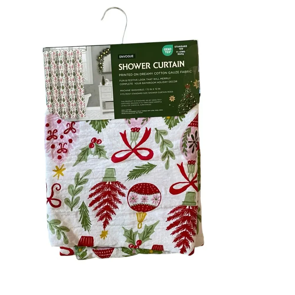 Envogue Christmas Shower Curtain 72x72 Holiday Holly Berry Bow Ornament NEW